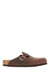 Birkenstock Leather Buckle Detail Slippers With Open Back In Habanna