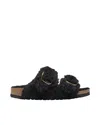 Birkenstock Arizona Shearling Slides With Large Buckle In Black