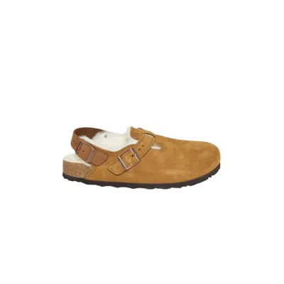 Birkenstock Closed-toe Suede Camel Sandals With Adjustable Heel Strap In Brown