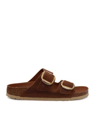 Birkenstock Cognac Arizona Oiled Leather Slide Sandal In Burgundy
