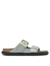 Birkenstock Contoured Leather Sandals With Adjustable Metallic Buckles In Gray