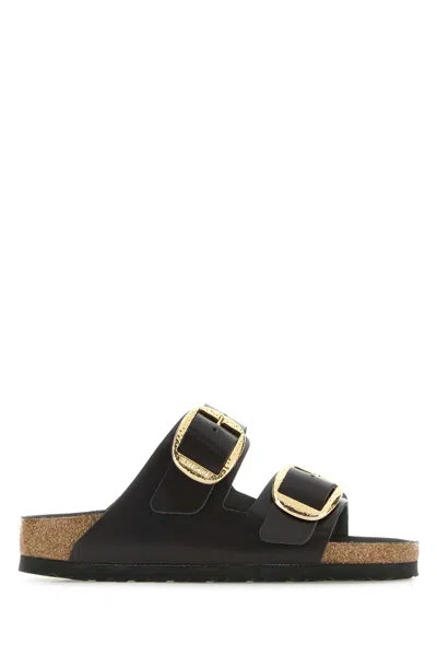 BIRKENSTOCK DARK BROWN LEATHER ARIZONA BIG BUCKLE SLIPPERS
