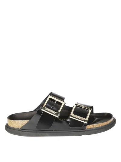 Birkenstock Dual-strap Black Slide Sandal In Gray