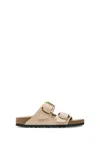 Birkenstock Nubuck Leather Sandals Sandcastle With Golden Buckles In Beige