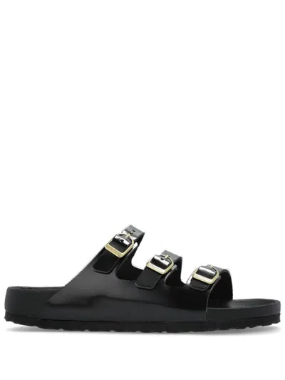 BIRKENSTOCK 'FLORIDA' BLACK LEATHER SLIPPERS