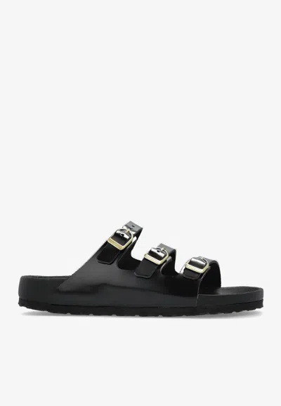 Birkenstock Florida Lacquer Leather Slides In Black