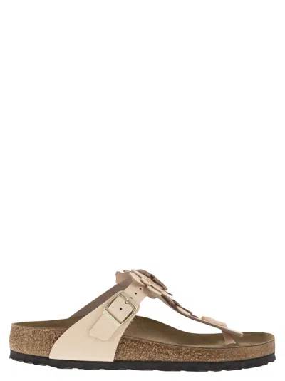 Birkenstock Gizeh Flowers – Natural Leather Thong Sandal With Floral Appliqués In Neutral