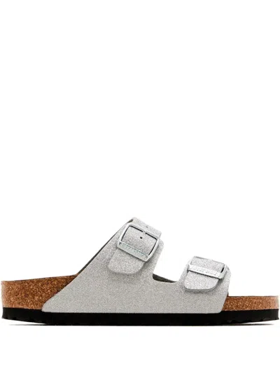 Birkenstock Glitter Double-buckle Flat Sandals In Silver