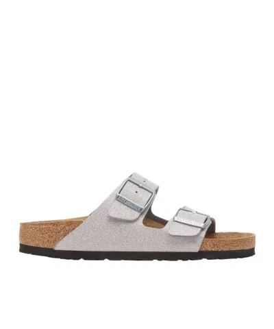 Birkenstock Glitter Double-buckle Flat Sandals In Silver
