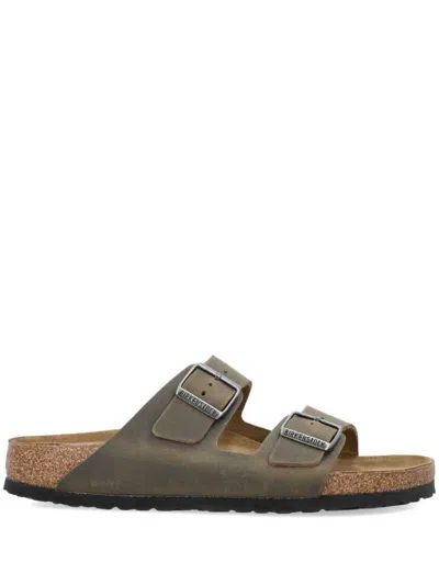 Birkenstock Green Leather Arizona Sandals In Beige