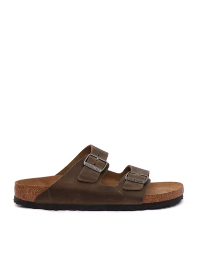 Birkenstock Khaki Arizona Oiled Leather Slide Sandal In Animal Print