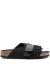 Birkenstock Oita Logo Embossed Leather Slides In Black  