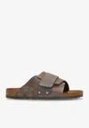 Birkenstock Kyoto Logo Embossed Mix Leather Slides In Taupe
