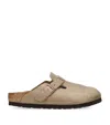 Birkenstock Boston Suede Shearling Buckle Slide Clogs In Brown