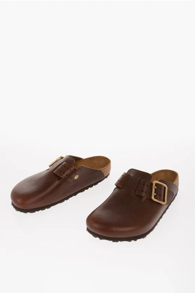 Birkenstock Leather Boston Mules With Buckle In Brown