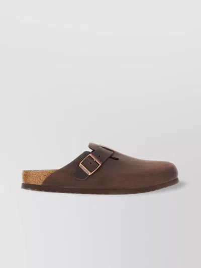 Birkenstock Leather Buckle Detail Slippers With Open Back In Brown
