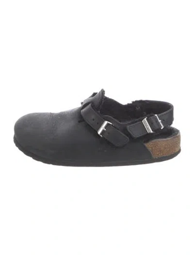 Pre-owned Birkenstock Leather Fur Trim Flats In Black