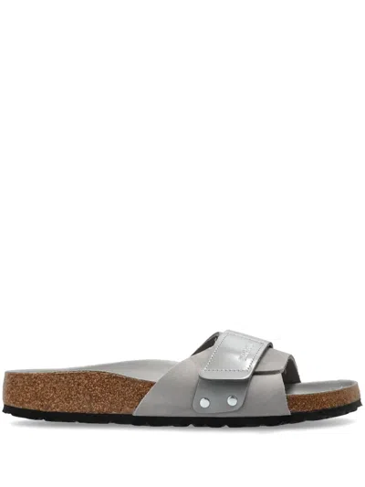 Birkenstock Leather Slides In Grey