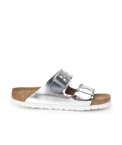 Birkenstock Arizona Double-buckle Metallic Slides In Silver