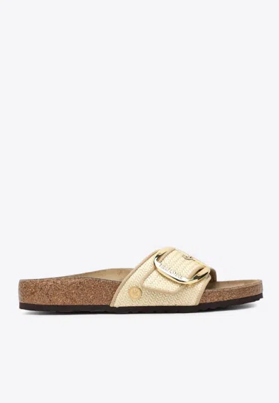 Birkenstock Madrid Big Buckle Raffia Slides In Sand