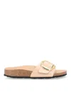 Birkenstock Madrid Big Buckle Pink Leather Cork Footbed Sandals In Beige