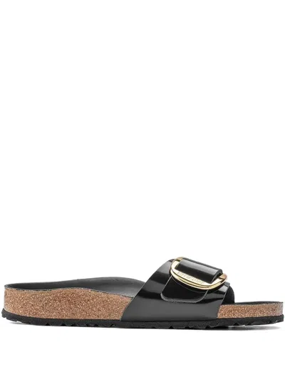 Birkenstock Madrid Slide In Lacquered Leather With Large Buckle In Black