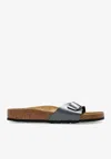 Birkenstock Madrid Metallic Flat Slides In Black