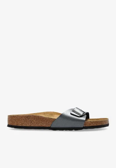 Birkenstock Madrid Metallic Flat Slides In Black