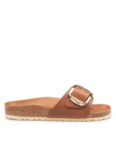 Birkenstock Madrid Sandal In Cognac Nubuck With Large Buckle In Brown