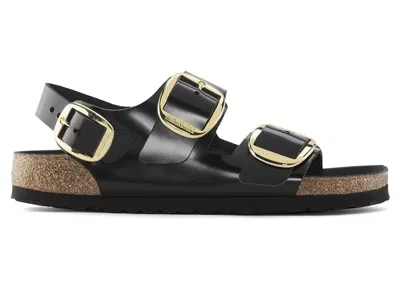 Pre-owned Birkenstock Men's  Milano Big Buckle Natural Leather Patent High Shine Sneakers In Black