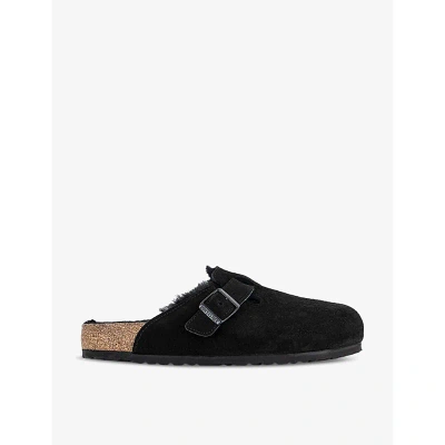 Birkenstock Mens Black Boston Logo-embossed Shearling-lined Suede Clogs