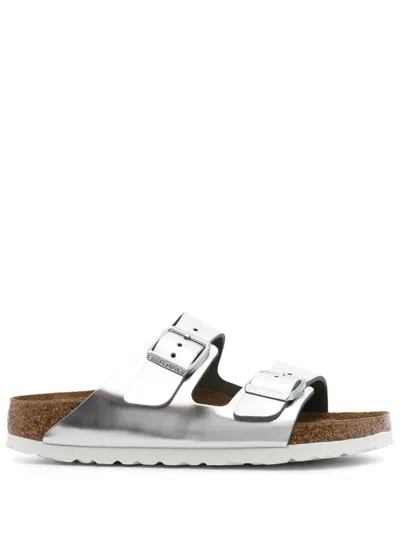 BIRKENSTOCK METALLIC BUCKLED SLIDERS,100596112056167