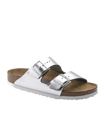 Birkenstock Arizona Double-buckle Metallic Slides In Silver