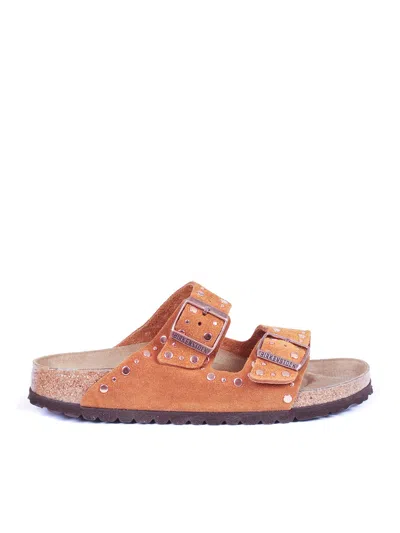 Birkenstock Mink Arizona Suede Leather Slide Sandal In Orange