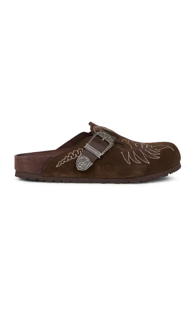 Birkenstock Boston Embroidered Suede Mules In Brown