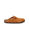 Birkenstock Round Toe Buckle-detailing Suede Mules In Brown