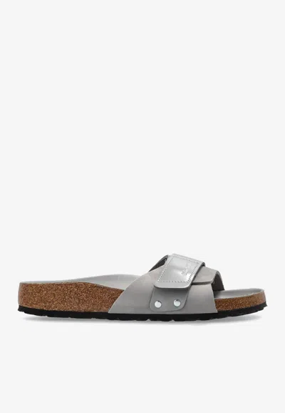 Birkenstock Oita Logo Embossed Leather Slides In Gray