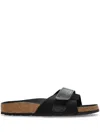 Birkenstock Oita Logo Embossed Leather Slides In Black