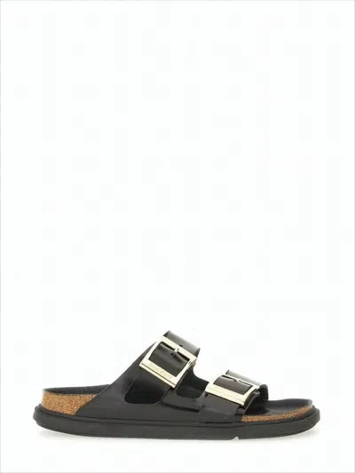 Birkenstock Open-toe Black Leather Sandals With Metallic Buckles
