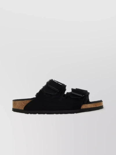 Birkenstock Open Toe Flat Sandals With Fur Texture And Contrast In Velvet Gray