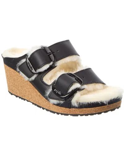Birkenstock Papillio By  Nora Big Buckle Narrow Leather & Shearling Sandal In Black
