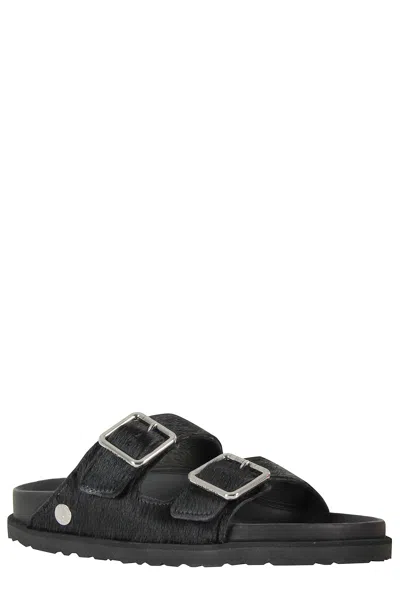 Birkenstock Pony Skin Slide Sandal With Adjustable Buckles In Black