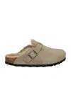 Birkenstock Boston Suede Shearling Buckle Slide Clogs In Nude