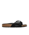 Birkenstock Oita Logo Embossed Leather Slides In Black