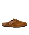 Birkenstock Round Toe Buckle-detailing Suede Mules In Brown