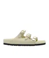 Birkenstock Triple Buckle Open Toe Flat Sole Sandals In Nude
