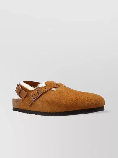 BIRKENSTOCK ROUND TOE SHEARLING SUEDE SLIPPERS