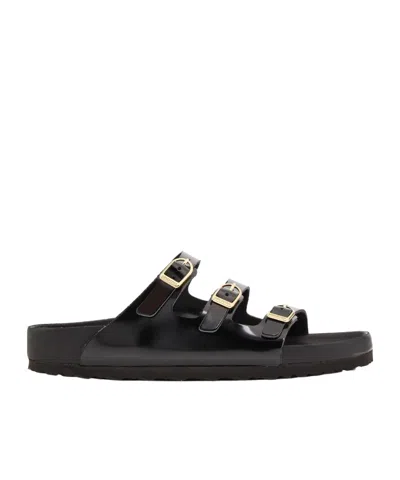 Birkenstock Black Sandals With Adjustable Straps And Gold-tone Buckles