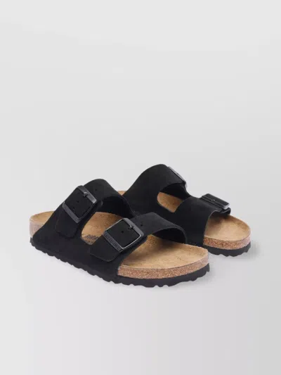 Birkenstock Round Toe Suede Leather Sandals With Logo Buckle In Black