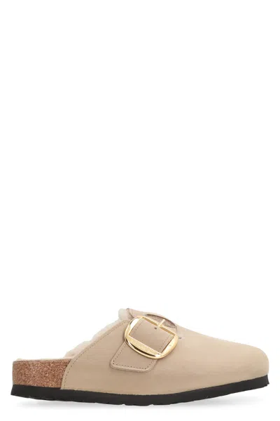 Birkenstock Boston Big Buckle Nude Nubuck Leather Mules In Brown